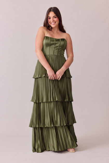 Collins Satin Pleated Dress | Made To Order | Deep Olive