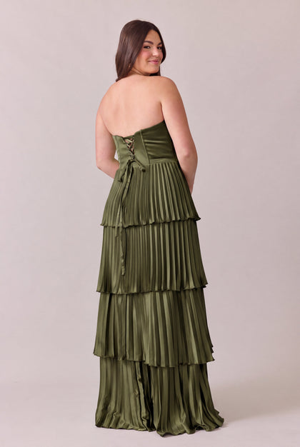 Collins Satin Pleated Dress | Made To Order | Deep Olive
