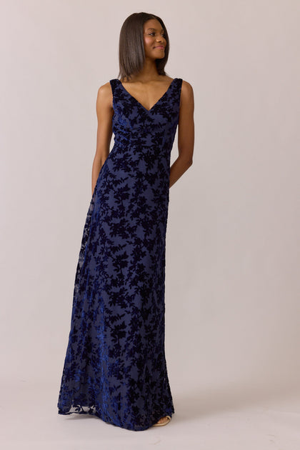 Dakota Floral Burnout Velvet Dress | Made To Order | Navy