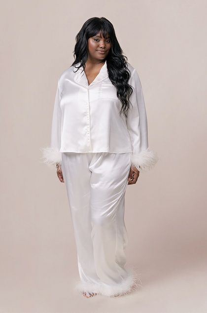 Daybreak Satin + Feathers Sleep Pants | Made To Order - White Pearl