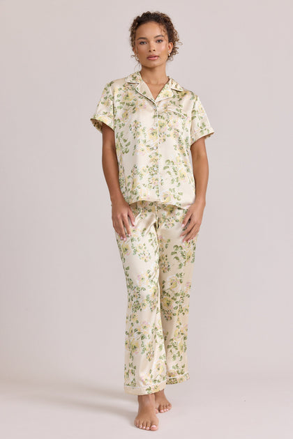 Daybreak Satin Floral Print Sleep Pants | Made To Order - Pale Yellow Blossom