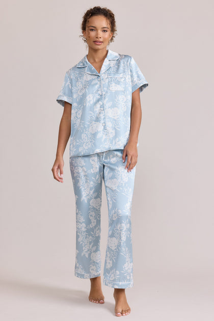 Daybreak Satin Floral Print Sleep Pants | Made To Order - Sky Blue Bouquet