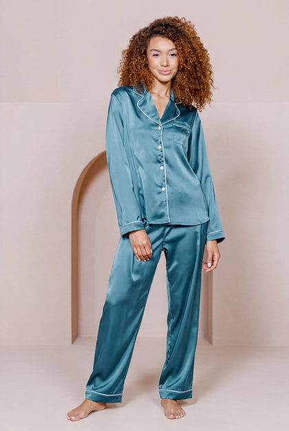 Daybreak Long Sleeve Satin Top | Made To Order - Turquoise