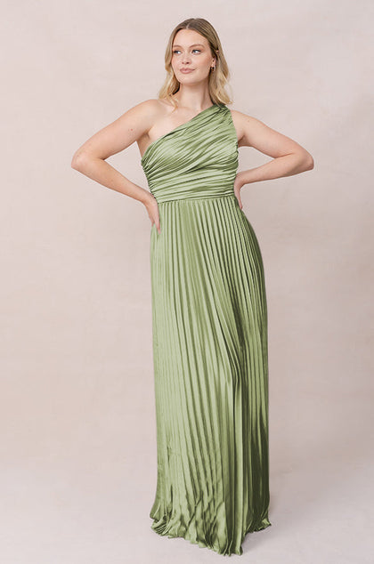 Declan Satin Pleated Dress | Made To Order | Matcha