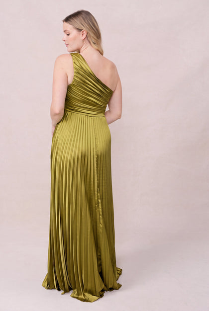 Declan Satin Pleated Dress | Made To Order | Chartreuse