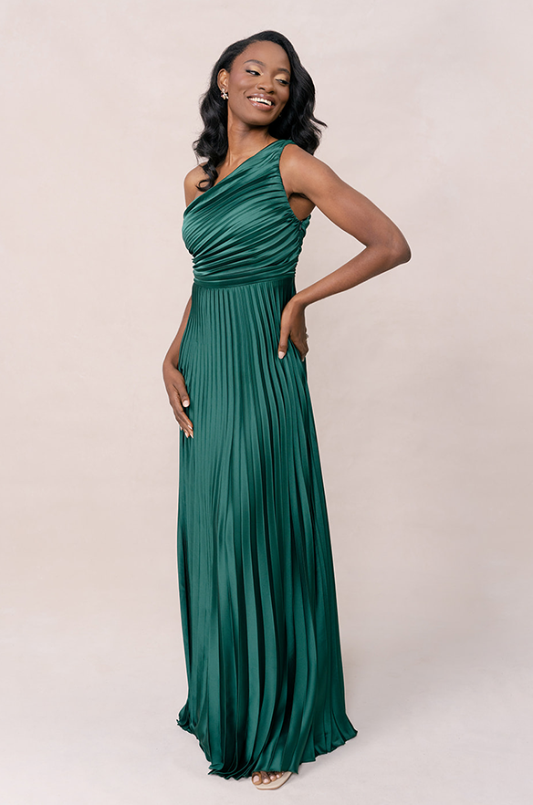 Declan Satin Pleated Dress | Made to Order Classic Emerald Declan Satin Pleated Dress | Made to Order Classic Emerald