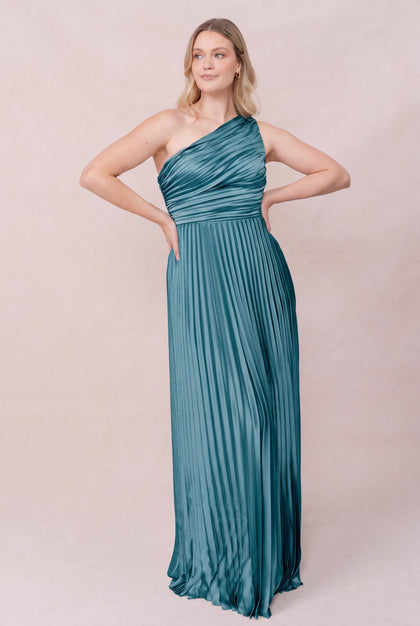 Declan Satin Pleated Dress | Made To Order | Turquoise