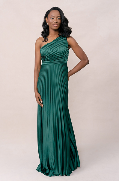 Declan Satin Pleated Dress | Made to Order Classic Emerald Declan Satin Pleated Dress | Made to Order Classic Emerald