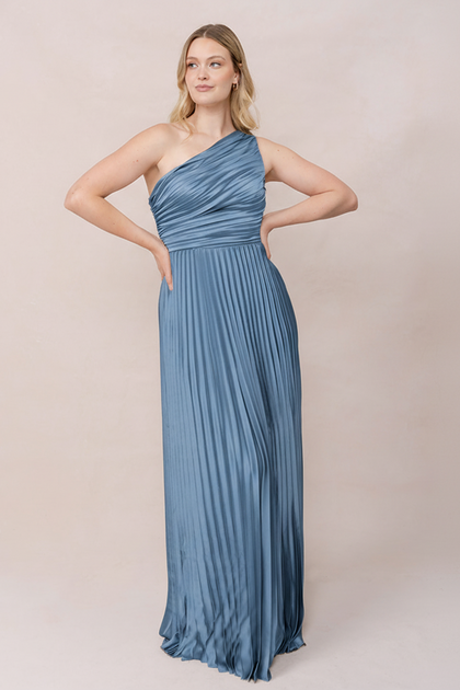 Declan Satin Pleated Dress | Made To Order | True Blue