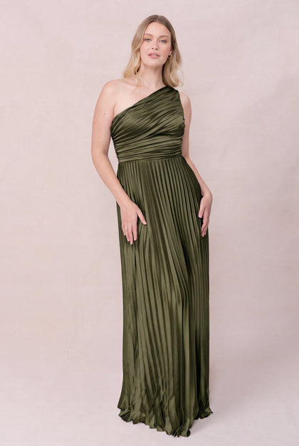 Declan Satin Pleated Dress | Made To Order | Deep Olive