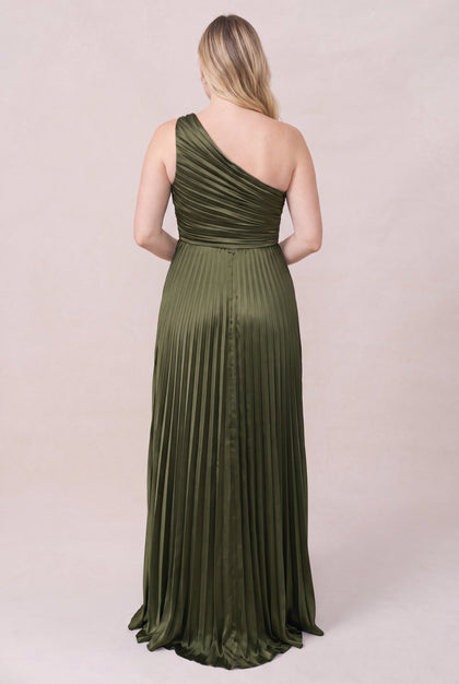 Declan Satin Pleated Dress | Made To Order | Deep Olive