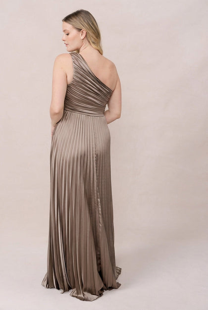 Declan Satin Pleated Dress | Made To Order | Truffle