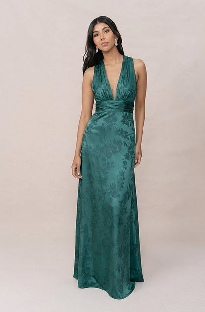 Dylan Satin Floral Print Dress | Made To Order | Classic Emerald Bouquet