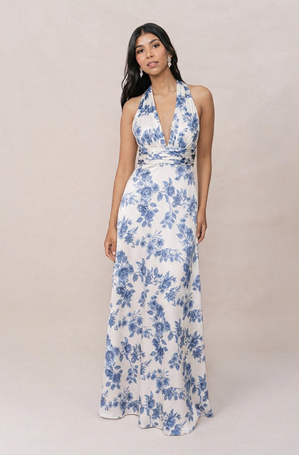 Dylan Satin Floral Print Dress | Made To Order | Dusty Blue Bouquet
