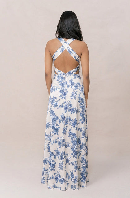 Dylan Satin Floral Print Dress | Made To Order | Dusty Blue Bouquet
