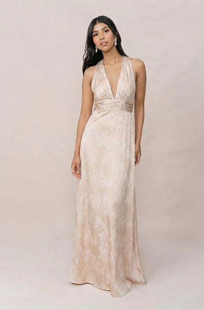 Dylan Satin Floral Print Dress | Made To Order | Gold Champagne Bouquet