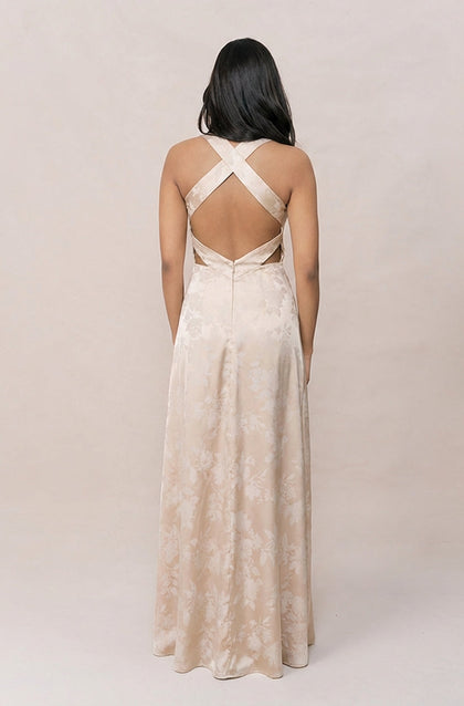 Dylan Satin Floral Print Dress | Made To Order | Gold Champagne Bouquet