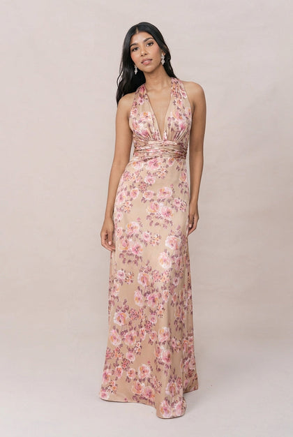 Dylan Satin Floral Print Dress | Made To Order | Honey Beige Blossom