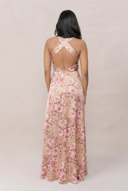 Dylan Satin Floral Print Dress | Made To Order | Honey Beige Blossom