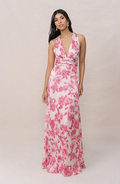 Dylan Satin Floral Print Dress | Made To Order | Hot Pink Garden