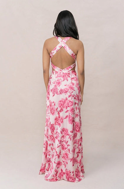 Dylan Satin Floral Print Dress | Made To Order | Hot Pink Garden