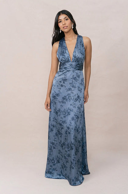Dylan Satin Floral Print Dress | Made To Order | Indie Blue Bouquet