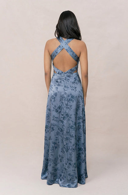 Dylan Satin Floral Print Dress | Made To Order | Indie Blue Bouquet