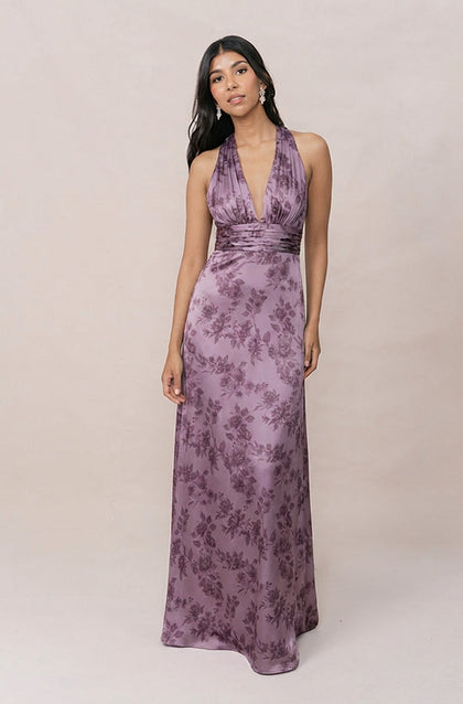 Dylan Satin Floral Print Dress | Made To Order | Lilac Bouquet