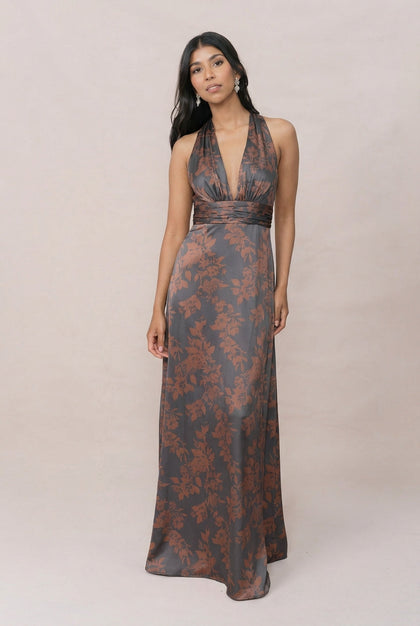 Dylan Satin Floral Print Dress | Made To Order | Mahogany Bouquet