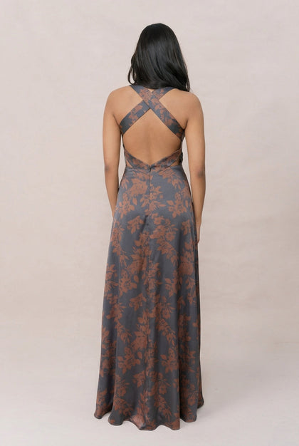 Dylan Satin Floral Print Dress | Made To Order | Mahogany Bouquet