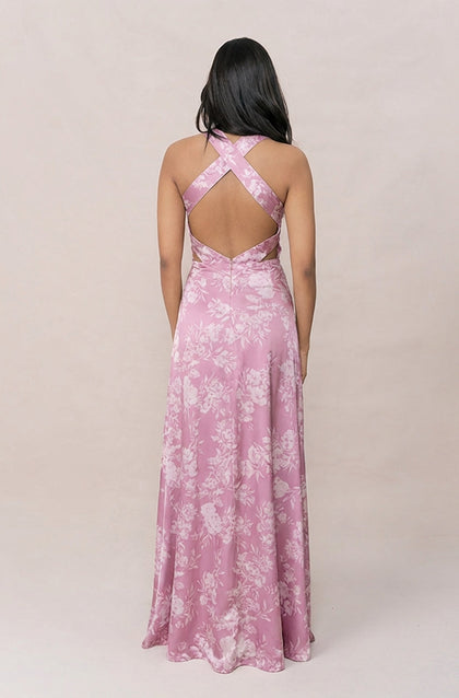 Dylan Satin Floral Print Dress | Made To Order | Mauve Pink Bouquet