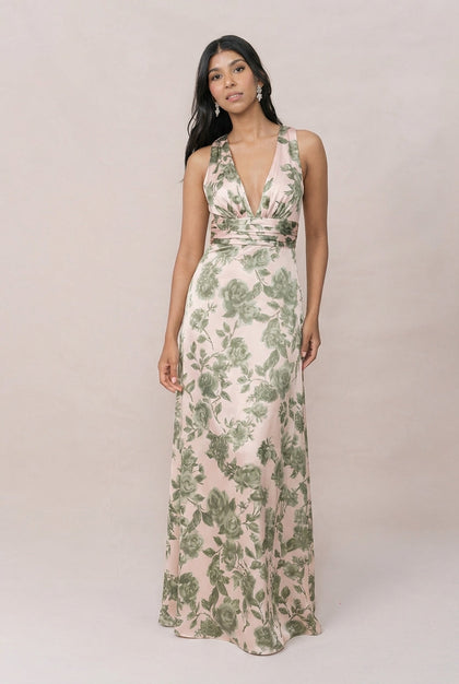 Dylan Satin Floral Print Dress | Made To Order | Moss Garden