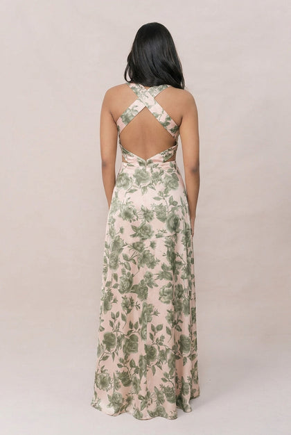 Dylan Satin Floral Print Dress | Made To Order | Moss Garden
