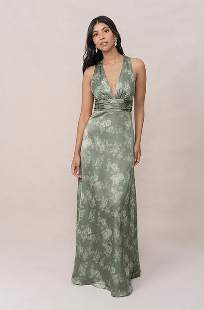 Dylan Satin Floral Print Dress | Made To Order | Olive Bouquet