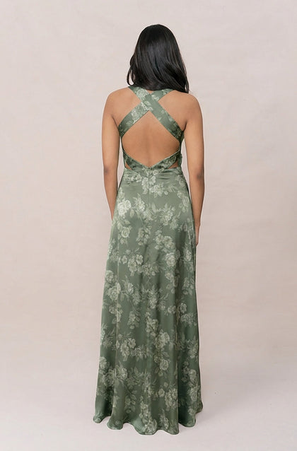 Dylan Satin Floral Print Dress | Made To Order | Olive Bouquet