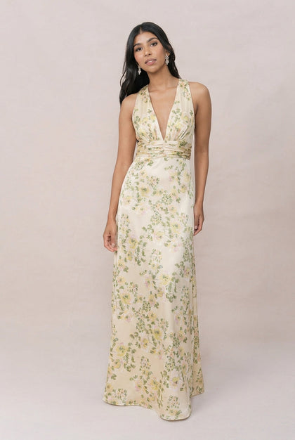 Dylan Satin Floral Print Dress | Made To Order | Pale Yellow Blossom