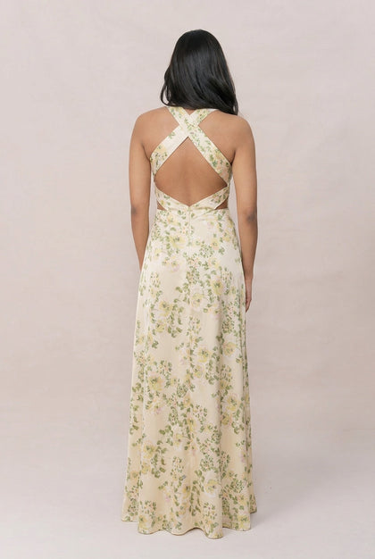 Dylan Satin Floral Print Dress | Made To Order | Pale Yellow Blossom