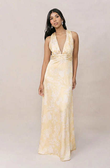 Dylan Satin Floral Print Dress | Made To Order | Pale Yellow Bouquet