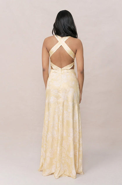 Dylan Satin Floral Print Dress | Made To Order | Pale Yellow Bouquet