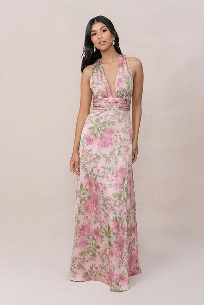Dylan Satin Floral Print Dress | Made To Order | Perfect Pink Meadow Blooms