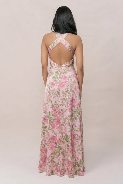 Dylan Satin Floral Print Dress | Made To Order | Perfect Pink Meadow Blooms