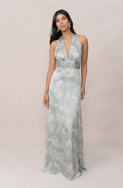 Dylan Satin Floral Print Dress | Made To Order | Sage and Champagne Bouquet