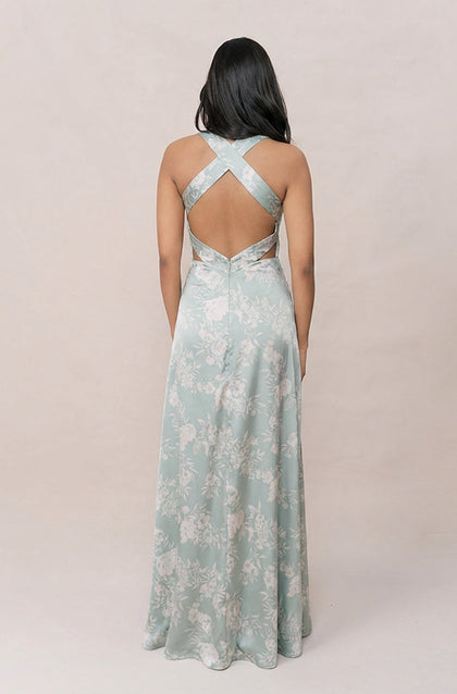 Dylan Satin Floral Print Dress | Made To Order | Sage and Champagne Bouquet