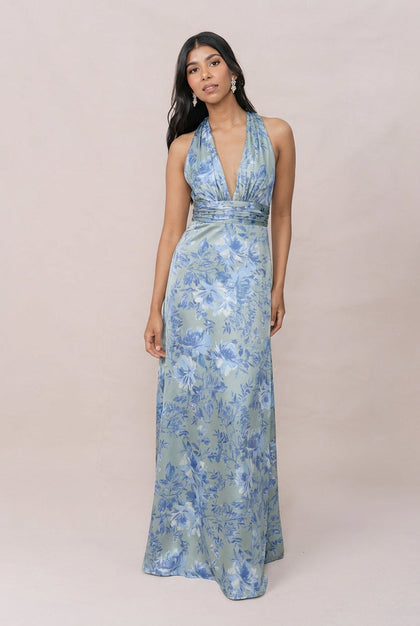 Dylan Satin Floral Print Dress | Made To Order | Sage and Sky Blue Meadow Blooms