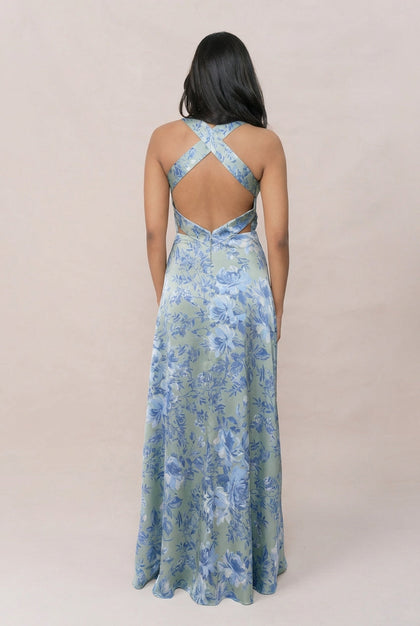 Dylan Satin Floral Print Dress | Made To Order | Sage and Sky Blue Meadow Blooms