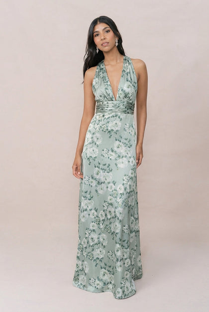Dylan Satin Floral Print Dress | Made To Order | Sage Blossom