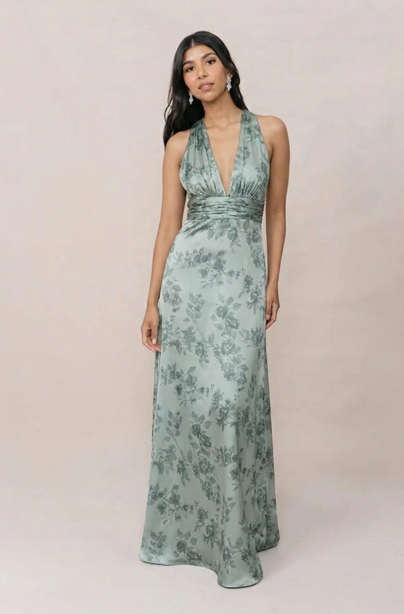 green floral print bridesmaid dresses Dylan Satin Dress Women's Crisscross Backless Square SilkLight Sage dress Actual color may vary Color:Jade Ombre
