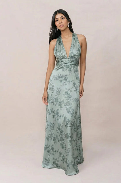 Dylan Satin Floral Print Dress | Made To Order | Sage Bouquet