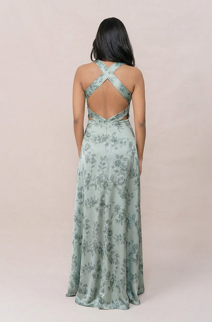 Dylan Satin Floral Print Dress | Made To Order | Sage Bouquet