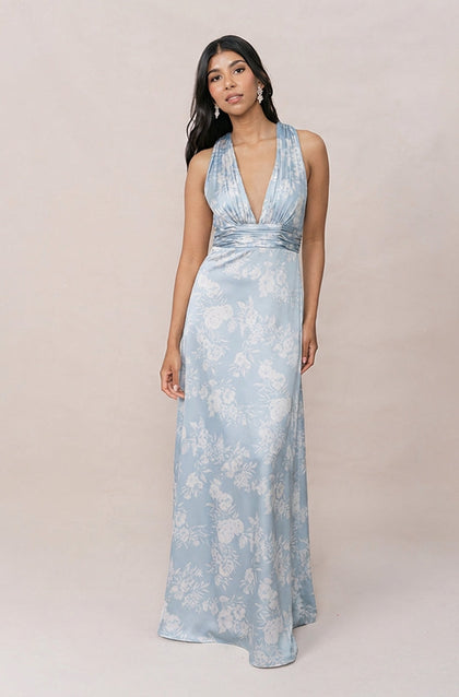 Dylan Satin Floral Print Dress | Made To Order | Sky Blue Bouquet
